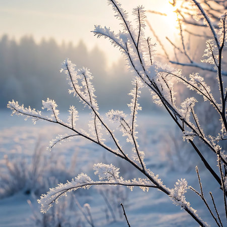 Close-up view of thin tree branches adorned with intricate frost crystals, illuminated by the soft glow of a winter sunrise. The background is a blurred, misty winter forest with snow on the ground, creating a tranquil and cold ambiance. The sunlight filters through the haze, casting a warm light on the icy details of the branches.の素材