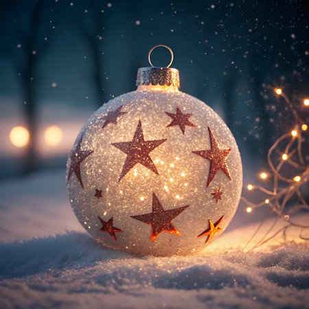 A close-up of a glittering white Christmas bauble adorned with red stars, resting in the snow at night. The bauble is illuminated by soft, warm fairy lights in the background, creating a magical and serene holiday atmosphere.の素材