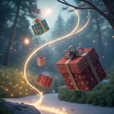 With showing magical christmas gifts floating in a misty forest. High resolution image suitable for commercial use. Clear details and vibrant colors enhance visual appeal.の素材