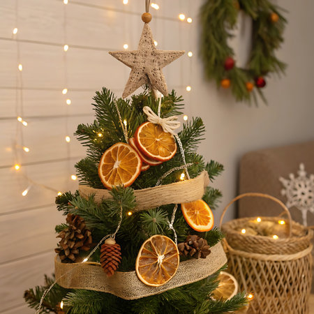 A close-up view of a small Christmas tree adorned with dried orange slices, pinecones, and a burlap ribbon. Twinkling fairy lights are woven through the branches, and a textured star serves as the tree topper. A woven basket with lights is visible in the background.の素材