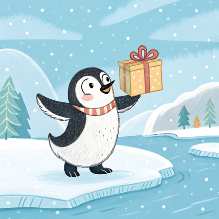 A cheerful cartoon penguin stands on an ice floe, joyfully holding up a festive gift box tied with a red ribbon. The penguin is depicted with a happy expression, its wings spread wide. The scene is set in a winter landscape with icy water, snow-covered hills, and evergreen trees under a sky filled with falling snowflakes.の素材