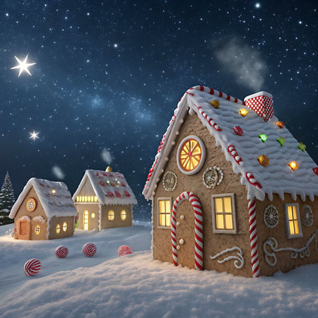 A festive gingerbread village sits in a snow-covered landscape beneath a deep blue, star-filled night sky. The gingerbread houses are adorned with colorful candies, icing, and illuminated windows, creating a warm and inviting glow. Peppermint candies and small frosted trees are scattered in the snow, enhancing the magical and whimsical holiday atmosphere.の素材