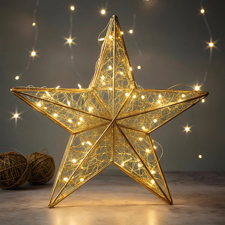 A large, five-pointed star constructed from golden wire is densely wrapped with warm white fairy lights, creating a radiant glow. The star sits on a surface, possibly a table, with two balls of natural twine in the lower left corner. The background is softly lit with more fairy lights, creating a bokeh effect. The image conveys a warm, inviting, and festive atmosphere.の素材