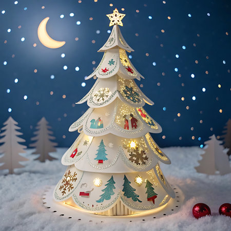 A beautifully crafted white paper Christmas tree is illuminated from within, casting a warm glow. It is adorned with cutouts of snowflakes, pine trees, and small festive scenes. The tree sits in a snowy landscape under a dark blue night sky, featuring a prominent crescent moon and twinkling bokeh lights that resemble stars. In the foreground, two red ornaments rest on the snow, and silhouetted white trees are visible in the background.の素材