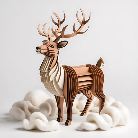 A meticulously crafted layered paper sculpture of a deer stands on a white background, surrounded by soft, fluffy white material resembling clouds or wool. The deer is depicted with intricate layers forming its body and elegant antlers. The color palette is warm, with shades of brown and beige for the deer, contrasting with the pure white surroundings.の素材