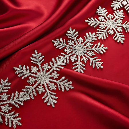 Several intricate, glittering silver snowflakes are artfully arranged on a backdrop of luxurious, draped red satin fabric. The shiny texture of the satin contrasts with the delicate, sparkling details of the snowflakes, creating an elegant and festive visual for the holiday season. The composition highlights the shimmering quality of both the snowflakes and the fabric.の素材