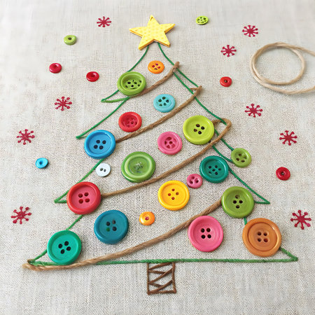 A charming handmade Christmas tree crafted from green twine stitched onto a textured fabric background. The tree is adorned with a variety of colorful buttons in shades of red, blue, green, yellow, pink, and orange, serving as festive ornaments. A bright yellow star tops the tree, and small red snowflake shapes are scattered around, along with a coil of natural twine. The base of the tree is detailed with a small criss-cross pattern.の素材