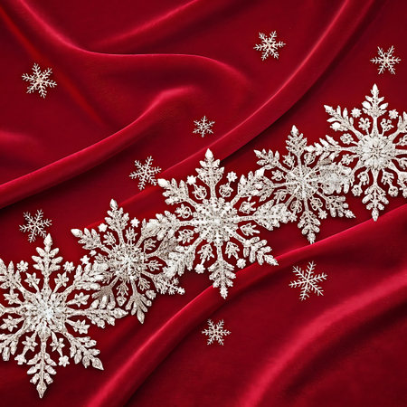 A close-up view of several large, ornate, glittering snowflakes arranged diagonally across a rich, red velvet fabric. The fabric is draped and folded, creating soft shadows and highlights that enhance its luxurious texture. Smaller, delicate snowflakes are scattered around the larger ones, adding to the festive winter theme. The overall impression is one of elegance and holiday cheer.の素材