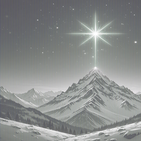 Space showing guiding star illuminates snow-capped mountains and pine forest landscape keywords: star, guiding star, light, celestial, sky, night, stars, starry, mountain, mountains, snow, snowy, winter, landscape, peak, summit, range, forest, pine trees, evergreen, trees, majestic, dramatic, ethereal, divine, spiritual, religious, christmas, nativity, astronomy, space, vast, serene, peaceful, awe, wonder, radiant, glowing, monochrome, grey, atmospheric, distant, horizon, valley, hillside...の素材