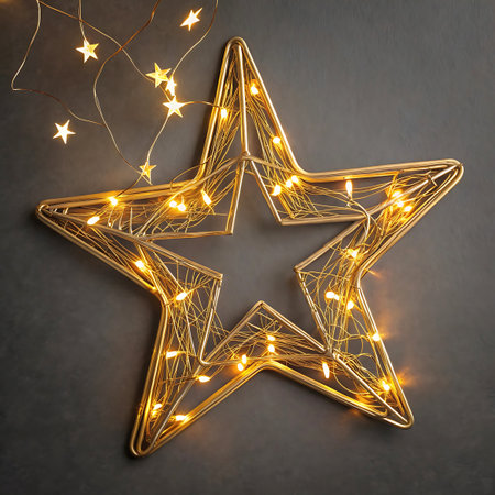 A large, five-pointed star made of thin golden wire is illuminated by numerous small, warm white fairy lights. The lights are wrapped around the wire frame, creating a delicate and sparkling effect. The star is positioned against a dark, textured background, with a strand of additional fairy lights trailing from the top left corner. The overall effect is modern and festive.の素材