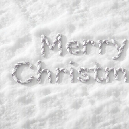 The words "Merry Christmas" are spelled out in bold, three-dimensional letters made to resemble classic red and white striped candy canes. The letters are resting on a soft, textured surface of white snow, with subtle shadows cast by the candy cane forms. The overall image has a gentle, slightly blurred aesthetic, emphasizing the sweet and festive nature of the holiday greeting.の素材