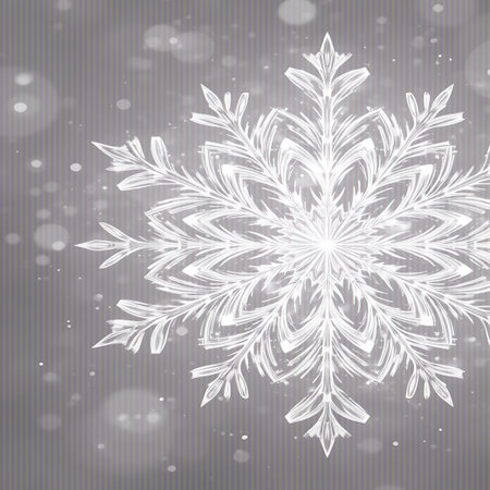 A detailed, intricate white snowflake is the central focus against a soft gray background. Numerous out-of-focus bokeh lights and small white dots resembling falling snow create a magical and festive winter atmosphere. The snowflake's symmetrical, crystalline structure is clearly visible, with delicate branches extending outwards.の素材