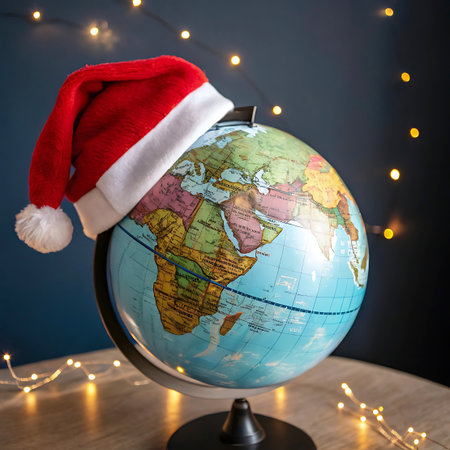 A detailed terrestrial globe rests on a wooden table. A classic red Santa hat is perched on the top of the globe. Behind the globe, a dark blue background is illuminated by a string of soft, twinkling fairy lights, creating a festive and enchanting atmosphere.の素材