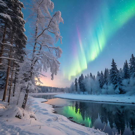 A breathtaking winter landscape unfolds with a vibrant Aurora Borealis dancing across the night sky. The colorful lights of green, purple, and pink shimmer above a snow-covered forest and a calm river that reflects the celestial display. The scene evokes a sense of wonder and natural beauty.の素材