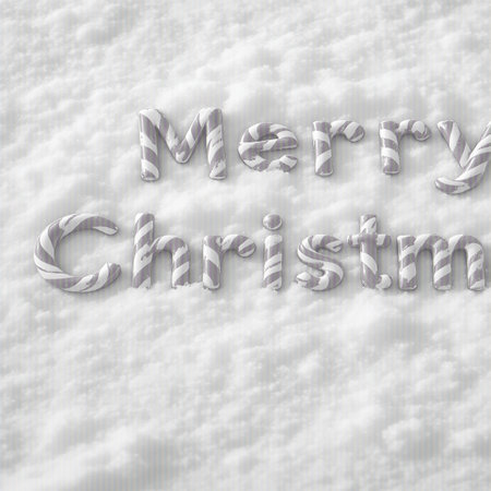 The words "Merry Christmas" are spelled out in bold, three-dimensional letters made to resemble classic red and white striped candy canes. The letters are resting on a soft, textured surface of white snow, with subtle shadows cast by the candy cane forms. The overall image has a gentle, slightly blurred aesthetic, emphasizing the sweet and festive nature of the holiday greeting.の素材