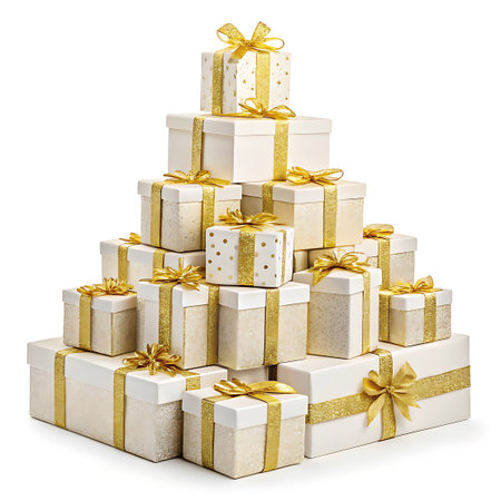 With showing pyramid of white and gold gift boxes with ribbons on white background. High resolution image suitable for commercial use. Clear details and vibrant colors enhance visual appeal.の素材