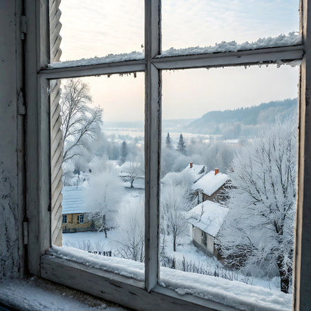 An expansive winter village landscape is observed through the multi-paned frame of an old, frosted window. The scene is blanketed in snow, with houses nestled amongst frost-covered trees and rolling hills in the distance. The soft, diffused light suggests early morning or late afternoon, creating a peaceful and idyllic winter vista.の素材