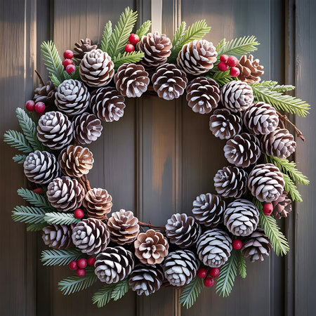 A rustic Christmas wreath is showcased on a dark wooden door. The circular arrangement is made up of numerous pinecones, green fir branches, and small red berries. The natural textures and colors create a warm and inviting holiday decoration, suitable for seasonal display. The dark wood of the door provides a strong contrast to the wreath's elements.の素材