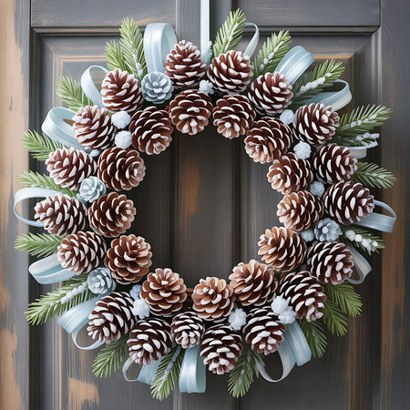 A circular Christmas wreath is displayed against a dark grey wooden door. The wreath is composed of numerous pinecones and vibrant green fir branches, interspersed with small light blue decorative elements and tied with light blue ribbons. The overall aesthetic is festive and natural, evoking a traditional holiday feel.の素材