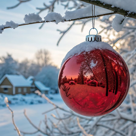 A vibrant red Christmas bauble hangs from a frosted tree branch, its surface reflecting a charming snowy village scene. The reflection shows houses with snow-covered roofs and trees, set against a soft, warm sky. The foreground is dominated by the frosted branch and the reflective ornament, creating a festive and picturesque winter atmosphere.の素材