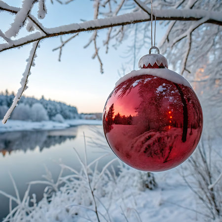 A close-up of a shiny red Christmas ornament hanging from a snow-covered tree branch. The ornament reflects a serene winter landscape with a frozen river, snow-laden trees, and a soft sunrise or sunset sky. Frost covers the surrounding branches and foliage, creating a magical and tranquil holiday scene.の素材