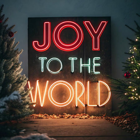 A dark, textured wall serves as the backdrop for a vibrant neon sign that reads "JOY TO THE WORLD". The words are illuminated in different colors: "JOY" in red, "TO THE" in green, and "WORLD" in orange. The sign is positioned outdoors, with frosted Christmas trees framing the left and right sides. The overall scene is festive and striking, with the neon lights creating a strong focal point.の素材