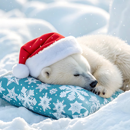 A heartwarming image of a polar bear peacefully sleeping in a snowy landscape. The bear is wearing a red Santa hat and is resting its head on a blue pillow decorated with white snowflakes. The surrounding snowdrifts and soft lighting create a serene and festive winter scene, capturing a cozy and joyful holiday moment.の素材