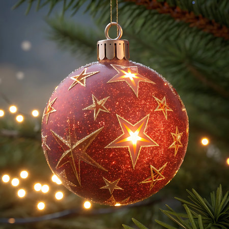 With showing red christmas bauble with golden stars and twinkling lights. High resolution image suitable for commercial use. Clear details and vibrant colors enhance visual appeal.の素材