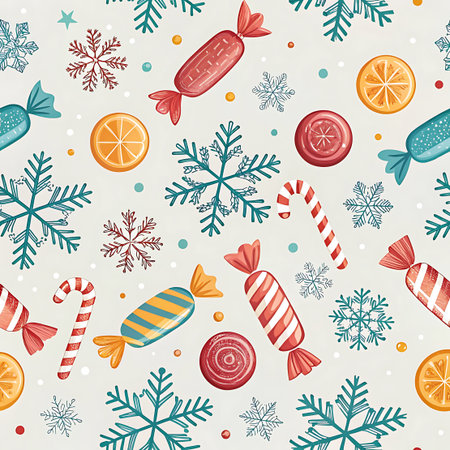 A repeating pattern features various Christmas-themed candies and snowflakes. Included are striped candies, lollipops, candy canes, and orange slices, interspersed with blue and red snowflakes. The background is a light, neutral color, creating a cheerful and festive visual.の素材