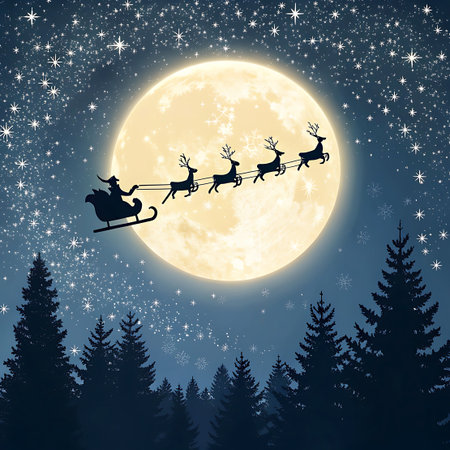 A dark silhouette of Santa Claus in his sleigh, pulled by reindeer, flies across a vast, luminous full moon. The night sky is filled with countless sparkling stars and subtle snowflake patterns. The foreground features the dark silhouettes of pine trees, creating a dramatic and magical winter night scene.の素材