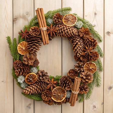 A circular Christmas wreath crafted from natural elements. It features a base of evergreen branches densely packed with various sizes of pinecones. Accents include slices of dried orange, star anise, and two cinnamon stick bundles tied with twine. The wreath is displayed against a light-colored wooden plank background, highlighting its rustic and natural aesthetic.の素材