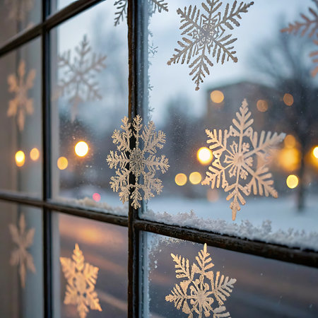 A close-up of a windowpane covered in frost and decorated with artificial snowflakes. Through the glass, blurred city lights create a warm bokeh effect against a wintery outdoor scene, suggesting a cold evening or night. The overall image conveys a cozy, festive, and atmospheric winter mood.の素材