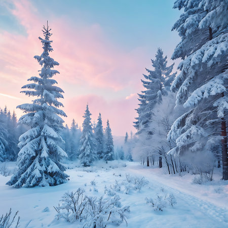 With showing snow covered pine trees in a winter forest at sunrise with pink sky keywords: winter, forest, snow, trees, pine trees, evergreen, snow covered, landscape, nature, sunrise, dawn, pink sky, pastel sky, clouds, mist, fog, cold, serene, peaceful, tranquil, outdoor, wilderness, natural, season, winter landscape, snowy trees, frosted trees, winter scene, twilight, morning, light, atmospheric, scenic, beautiful, picturesque, woodland, remote, quiet, icy, frost, branches, sky, horizon...の素材