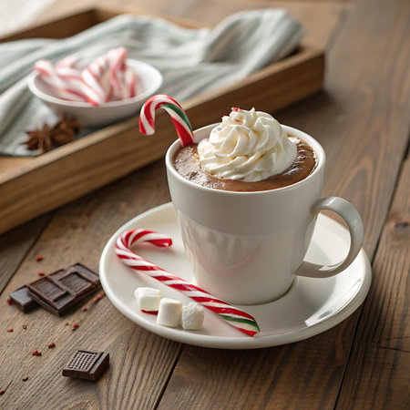 A white mug filled with rich hot chocolate, topped with a swirl of whipped cream and a sprinkle of red flakes, sits on a matching saucer. Two candy canes, one with green and red stripes, are placed near the mug, along with cubes of marshmallow and pieces of dark chocolate. A small bowl of candy canes and star anise are visible in the background on a wooden tray.の素材