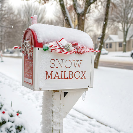 A snow-laden mailbox sits on a post in a winter setting, decorated with candy canes, red and green ornaments, and a snowflake design. Icicles hang from the bottom, and snow falls gently around it. Clear details and vibrant colors enhance visual appeal.の素材