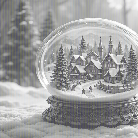 A detailed snow globe sits on a snow-covered surface, showcasing a charming miniature village nestled amongst snow-laden pine trees. The village features several houses and a church with a steeple. The scene is enclosed within a clear glass sphere, creating a sense of a contained winter wonderland. The background outside the globe is blurred, with soft focus on trees and snow, emphasizing the miniature world within.の素材