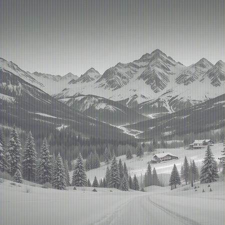 A snow-covered road winds its way through a serene winter landscape towards a small village nestled in a mountain valley. Tall, snow-laden pine trees line the sides of the road and the surrounding hills. Majestic, snow-capped mountains form a dramatic backdrop under a soft, overcast sky, creating a tranquil and remote atmosphere.の素材