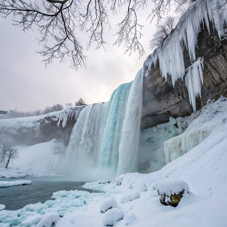 A wide-angle view of a powerful waterfall frozen in time, with massive icicles hanging from the cliff edge and snow blanketing the surrounding landscape. The water, a vibrant turquoise, plunges into a pool of icy water. Bare tree branches frame the top of the image, adding to the stark winter beauty of the scene.の素材