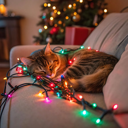 Couch showing tabby cat sleeping wrapped in colorful christmas lights on couch. High resolution image suitable for commercial use. Clear details and vibrant colors enhance visual appeal.の素材