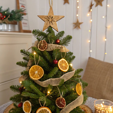 A small, tabletop Christmas tree is decorated with natural elements. Dried orange slices hang as ornaments, along with red baubles and pinecones. A burlap ribbon is wrapped around the branches, and a star made of natural material sits atop the tree. Warm fairy lights add a cozy glow.の素材