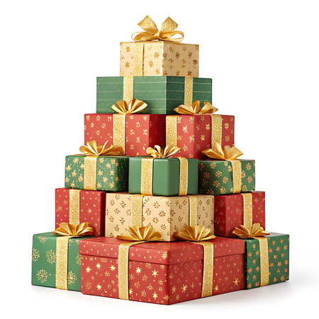 A pyramid-shaped stack of Christmas gift boxes is presented against a clean white background. The boxes are wrapped in festive paper featuring patterns of stars and snowflakes in red, green, and gold. Each box is adorned with a golden ribbon and bow. The arrangement is neat and visually appealing, creating a sense of abundance and holiday spirit. The different sizes and colors of the boxes add visual interest to the stack.の素材