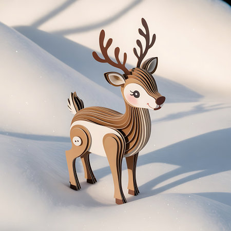 A stylized 3D paper craft reindeer is positioned in a soft, snowy landscape with gentle rolling hills. The reindeer is made of layered brown and white material, showcasing its antlers, ears, and tail. The lighting creates soft shadows, highlighting the texture and form of the paper construction.の素材