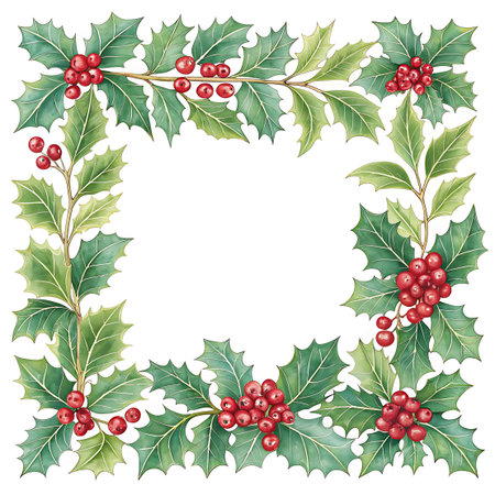 Pattern showing square frame of holly leaves and red berries on white background keywords: holly, leaves, berries, red berries, christmas, holiday, border, frame, square, decoration, festive, winter, green, nature, plant, foliage, seasonal, traditional, evergreen, natural, botanical, floral, design element, greeting card, invitation, background, isolated, white background, pattern, ornate, elegant, classic, festive decoration, holiday border, christmas frame, winter foliage, natural border,...の素材