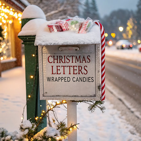 A snow-covered Christmas mailbox stands by a street, adorned with candy canes and a sign reading "CHRISTMAS LETTERS WRAPPED CANDIES". Twinkling lights and pine branches add to the festive winter scene.の素材