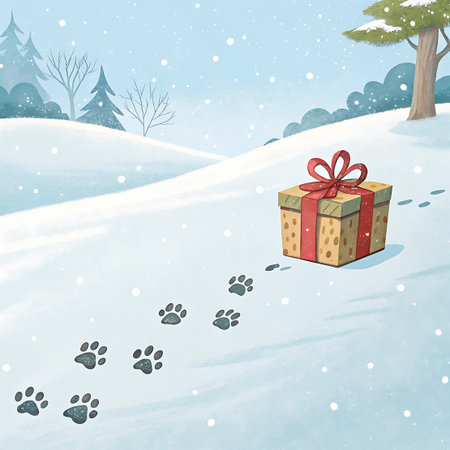 A charming illustration depicts a serene winter landscape blanketed in snow. A festive gift box, adorned with a red ribbon and gold accents, sits on a snowy hill. A trail of animal paw prints leads away from the gift, suggesting a woodland creature's discovery. Bare trees and snow-covered hills create a peaceful backdrop, with gentle snowflakes falling from a pale blue sky.の素材
