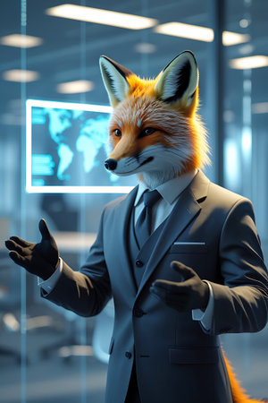 An anthropomorphic fox dressed in a dark grey suit, white shirt, and tie stands in a modern office environment. The fox wears black gloves and is gesturing with both hands as if presenting or speaking. Behind the fox, a large digital screen displays a glowing world map. The background suggests a sleek, contemporary office space.の素材