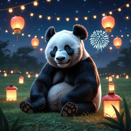 A charming panda bear is seated in a lush green grassy field under a dark, starry night sky. The scene is illuminated by numerous glowing lanterns, both hanging overhead and placed on the ground, casting a warm, inviting light. A festive firework display adds a touch of celebration to the background. The panda looks content and peaceful, surrounded by the magical ambiance of the night.の素材