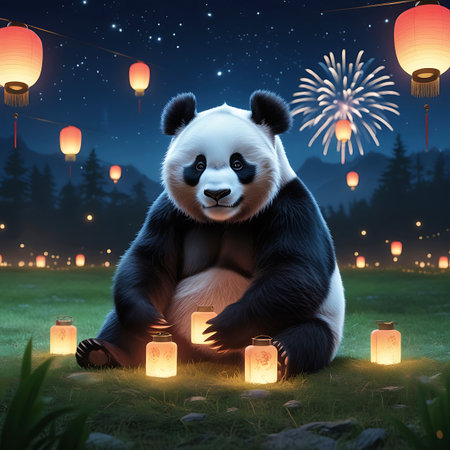 A delightful panda bear is positioned in a grassy field under a dark, star-filled night sky. The scene is illuminated by a multitude of glowing lanterns, some hanging and others on the ground, creating a warm and festive atmosphere. A spectacular firework display lights up the sky in the background. The panda appears happy and engaged with the surrounding lights.の素材