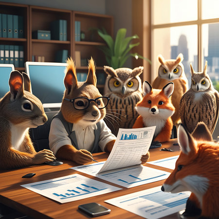 Analysis showing animals in business meeting reviewing financial documents and charts keywords: animals, anthropomorphic, business, meeting, office, discussion, charts, graphs, reports, documents, computers, squirrel, owl, fox, rabbit, collaboration, teamwork, strategy, planning, analysis, finance, corporate, professionals, executives, conference, room, wooden, table, modern, interior, cityscape, window, sunlight, intelligent, cute, cartoon, illustration, concept, teamwork, presentation,...の素材