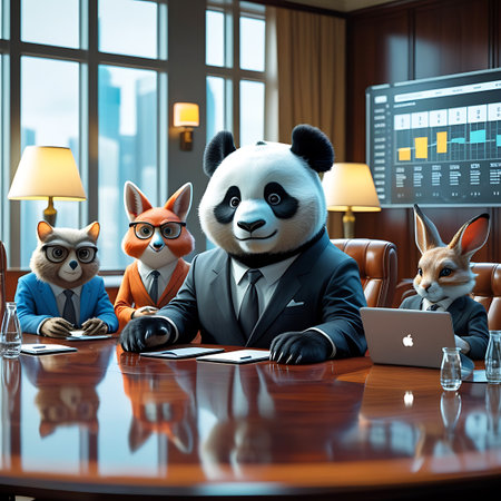 A team of anthropomorphic animals, including a panda, fox, raccoon, and rabbit, are seated at a conference table in a corporate office. They are all dressed in business suits and appear to be participating in a meeting. Some animals are looking at laptops, while a large screen displays a business chart.の素材